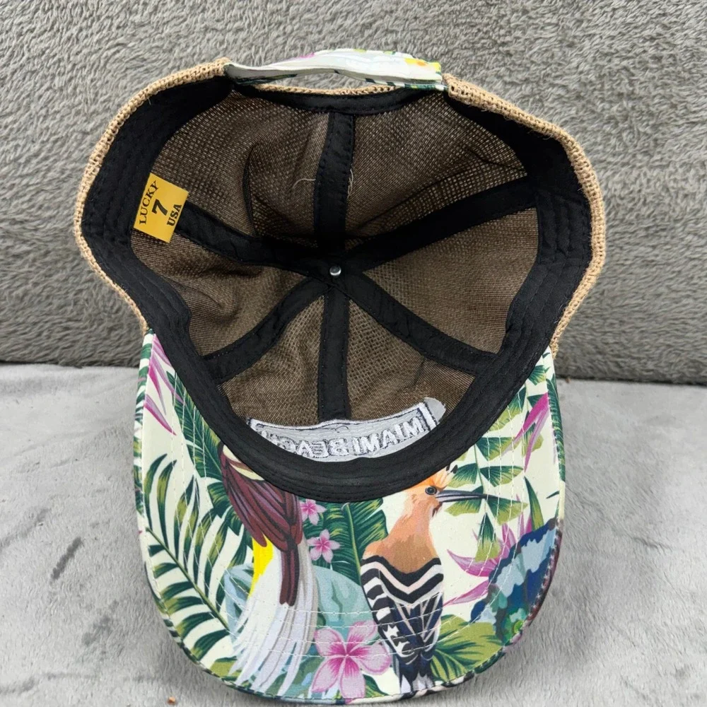 Lucky 7 USA Miami Beach Hat‎ Women Size 7 Tan Tropical Floral Excellent Burlap
